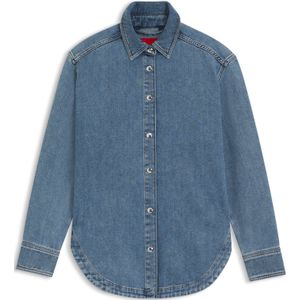Blauw overhemd van stevig denim met gepolijste drukknopen