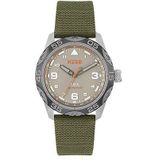 Horloge met grijze wijzerplaat en polsband van groen materiaal