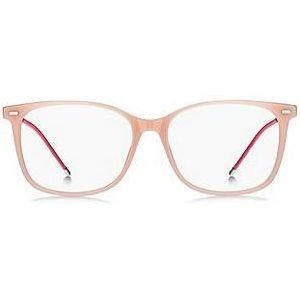 Optische bril van roze acetaat met schakelketting met merkaccent