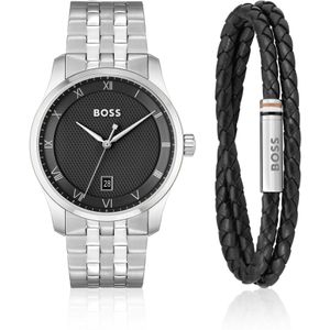 Cadeauset met horloge met gekartelde wijzerplaat en armband van gevlochten leer