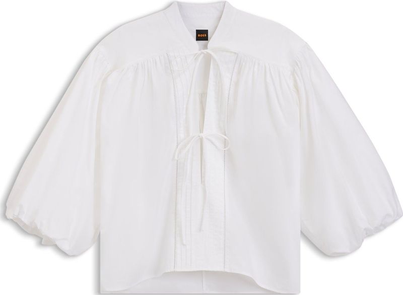 BOSS - Relaxed-fit Blouse - Katoenen Popeline - Met Strikhals - Ballonmouwen