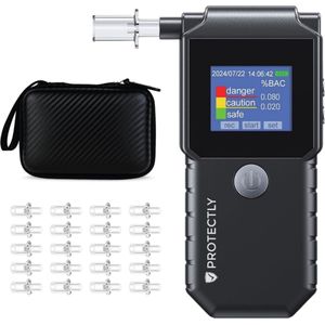 Protectly - Alcoholtester - Digitale Alcoholmeter - USB-C Oplaadbaar - 2025 Model - 20 Extra Mondstukjes