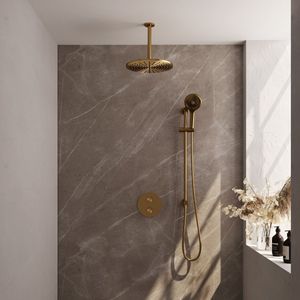 Brauer Gold Carving thermostatische inbouw regendouche met 3 standen handdouche, plafondarm, glijstang en hoofddouche 30cm set 96 messing geborsteld PVD