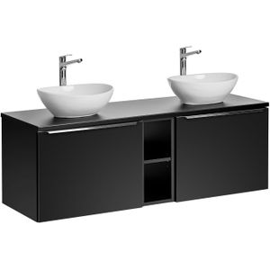 Comad Santa Fe Black badkamermeubel 140cm zwart mat met open kast en 2 glans witte waskommen