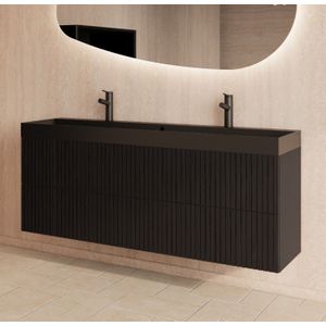 Gliss Design Hybris badmeubel met ribbelfront 140cm black veneer met zwarte wastafel zonder kraangat Lako