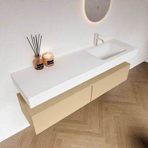 Zaro Alan badmeubel 160cm sand 2 lades met vrijhangende wastafel cloud rechts 1 kraangat talc