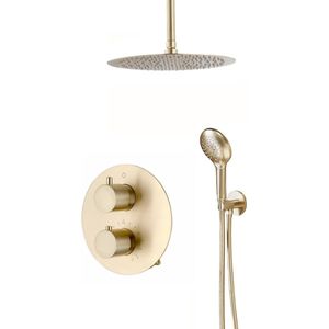 Saniclear Brass inbouw regendouche rond met 30cm hoofddouche, plafondarm en 2 standen handdouche geborsteld messing - mat goud