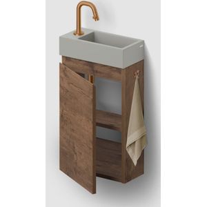 Clou Flush 3 toiletmeubel 36cm donker eiken linksdraaiend met keramische fontein grijs mat en kraangat