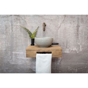 Saniclear Seba fonteinset met bruin eiken plank, grijze waskom en kraan in verouderd messing voor in het toilet