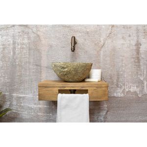 Saniclear Seba fonteinset met bruin eiken plank, rivierstenen waskom en kraan in verouderd messing voor in het toilet