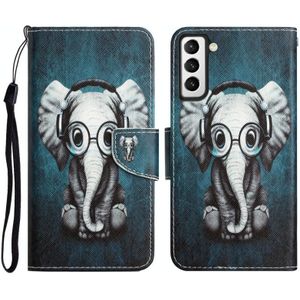 Voor Samsung Galaxy S21 5G gekleurde tekening lederen telefoonhoes (oortelefoon olifant)