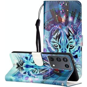 Voor Samsung Galaxy S21 Ultra 5G Olie Reliëf Gekleurd Tekenpatroon Horizontaal Flip PU Lederen Hoesje met Houder > Kaartsleuven > Portemonnee > Lanyard(Tiger)