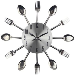 Bestek metalen keuken Wandklok lepel vork creatieve kwarts muur gemonteerde klokken modern design decoratieve horloge  zilver