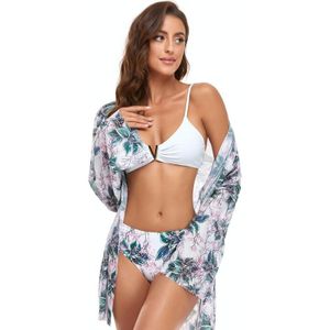 Bikini + mesh sjaal + gesplitst zwempak vrouwen zwempak met borstkussen  maat: s (witte groene bloemen)