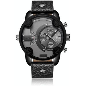 Cagarny 6819 Multifunctionele dubbele tijdzone kwarts Business Sport Watch voor mannen (zwart grijs oppervlak zwart leer)