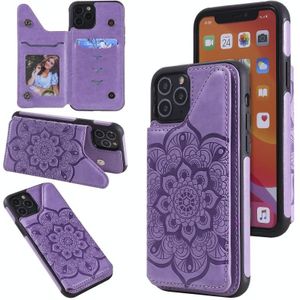 Bloem embossing patroon schokbestendige beschermhoes met houder & kaart slots & foto frame voor iPhone 11 Pro (paars)