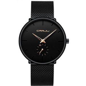 CRRJU 2150 waterdichte ronde wijzerplaat kleine seconden legering mesh riem quartz horloge voor mannen (Rose Gold pointer)