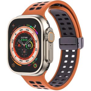 Magnetische vouwsluiting vierkante gaten siliconen horlogeband voor Apple Watch Ultra 49 mm / serie 8 & 7 45 mm / SE 2 & 6 & SE & 5 & 4 44 mm / 3 & 2 & 1 42 mm (oranje zwart)