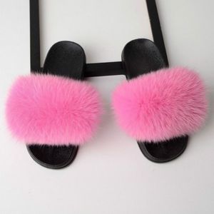 Fox Fur Slippers Flip-flops Non-slip Flat Fur Shoes Sandalen voor dames  schoenmaat:40-41(25cm)(Roze)