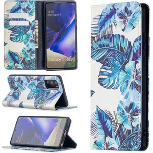 Voor Samsung Galaxy Note20 Gekleurd tekenpatroon Onzichtbaar magnetisch horizontaal flip pu lederen hoes met houder & kaartslots & portemonnee (blauwe bladeren)