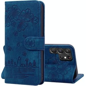 For Samsung Galaxy S22 Ultra 5G Cartoon Sakura Cat Embossed Leather Phone Case(Royal Blue)