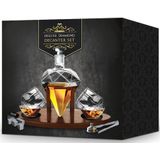 Diamant Whiskey Decanter - Deluxe Uitvoering - Houten Plateau - Incl. Whiskey Glazen, Whiskey Stones, Trechter en Ijstang - Complete Whiskey Set