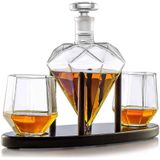 Diamant Whiskey Decanter - Deluxe Uitvoering - Houten Plateau - Incl. Whiskey Glazen, Whiskey Stones, Trechter en Ijstang - Complete Whiskey Set