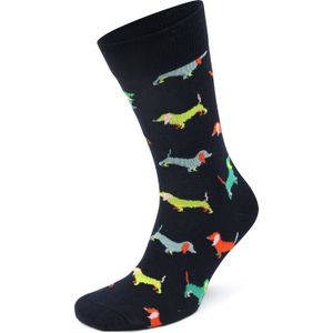 Happy Socks Puppy Love Sock - unisex sokken - zwart met gekleurde hondjes - Unisex - Maat: 36-40