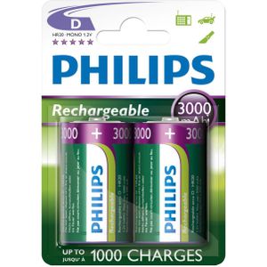 2 Stuks in Blister - Philips MultiLife 1.2V D / HR20 3000mAh NiMh oplaadbare batterij