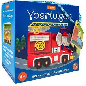 Boek, Puzzel + 10 Figuren - Voertuigen