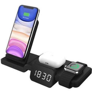 Draadloze laad dock met klok 1x telefoon - 1x Apple Watch - 1x AirPods - 1x USB