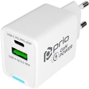 Prio 45W GaN Duo oplader (1x USB 1x USB-C) wit