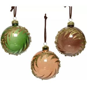 Kerstbal glas d8cm glitter goud/groen/bruin a3