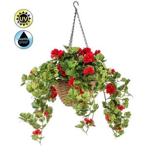 Kunstplant UV bestendig Rode Geranium hangend in mand -  50cm