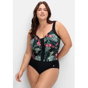 Badeanzug mit Rüschen und Tropical Print, schwarz bedruckt, Gr.42C