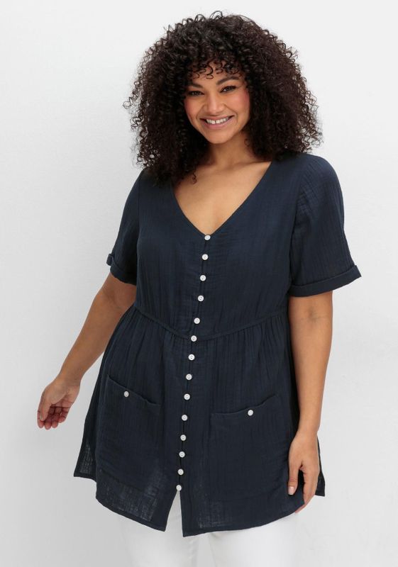 Longbluse mit Knopfleiste und Taschen, marine, Gr.58