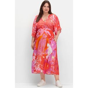 Maxikleid im Mustermix, mit tiefem V-Ausschnitt, rotorange gemustert, Gr.48