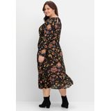 Midikleid mit Blumendruck und Volant am Saum, schwarz gemustert, Gr.40