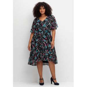 Chiffonkleid mit Blumendruck und Flügelärmeln, dunkelpetrol gemustert, Gr.58