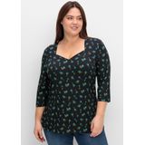 3/4-Arm-Shirt mit Blumenprint und Herzausschnitt, schwarz gemustert, Gr.48/50