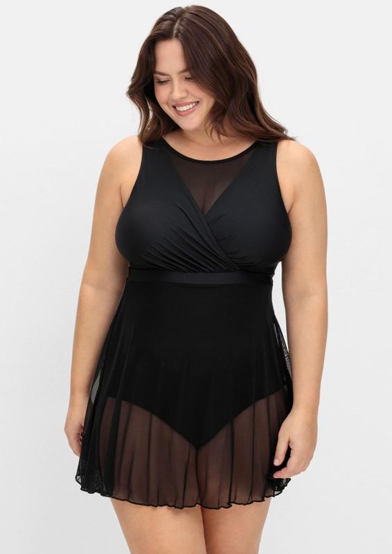 Badekleid mit transparentem Mesh-Rock, schwarz, Gr.40E