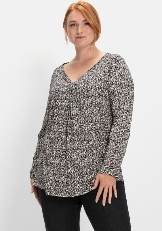 Langarmshirt mit V-Ausschnitt und Kellerfalte, schwarz-weiß, Gr.44/46