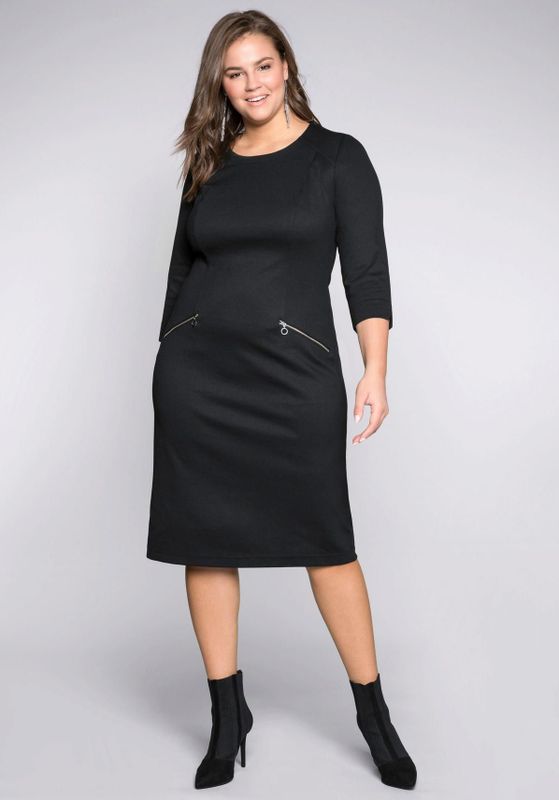 Etuikleid mit 3/4-Arm, im Materialmix, schwarz, Gr.46