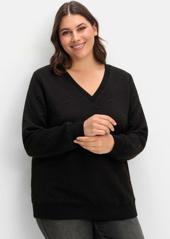 Sweatshirt mit Steppmuster und V-Ausschnitt, schwarz, Gr.56/58