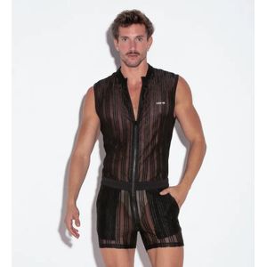 Code 22 Mesh Gestreepte Jumpsuit - Zwart