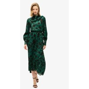 Superdryvoor vrouwen. W8011790A Lange groene jacquard jurk met omgeslagen kraag (S), Casual, Viscose, Lange mouwen