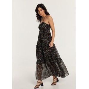 Lois Jeansvoor vrouwen. 447862475 Lange strapless jurk met open rug met minibladprint (XL), Casual, Polyester, Mouwloos / spaghettibandjes