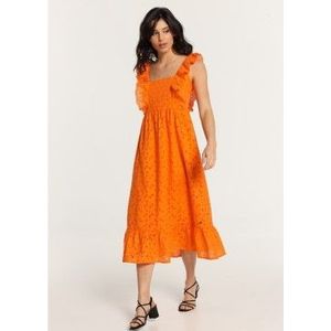 Lois Jeansvoor vrouwen. 447922483 Oranje strapless midi-jurk met ruches (M), Casual, Katoen, Mouwloos / spaghettibandjes
