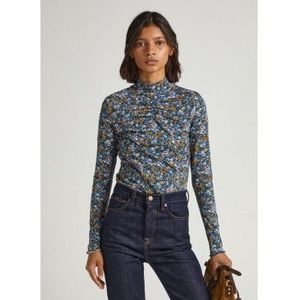 Pepe Jeansvoor vrouwen. PL505679 Cher marine T-shirt (S), Casual, Katoen, Bloemen, Lange mouwen, Marineblauw