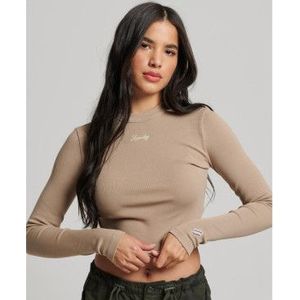 Superdryvoor vrouwen. W6011656A Beige geborduurd geribd T-shirt met lange mouwen (L), Casual, Katoen